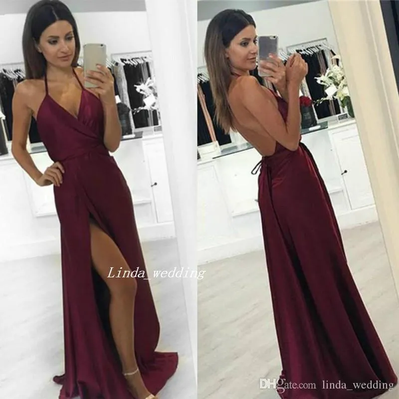 2019 Borgogna Halter Lungo Prom Dress Nuovo arrivo Sexy senza maniche con scollo a V Side Split Backless Party Gown Custom Made Plus Size