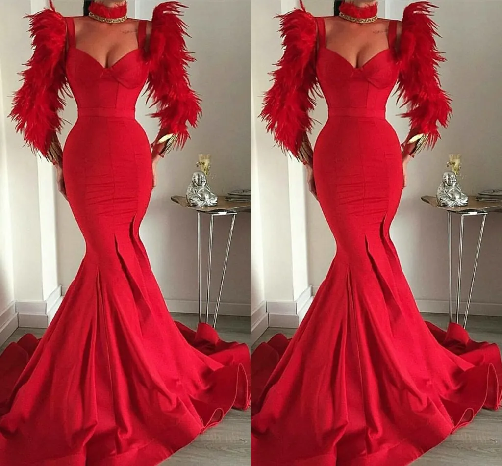 Luksusowe pióro Prom Dresses Mermaid Red Satin V-Neck Spaghetti Suknie Wieczorowe Długa Elegancka Formalna Party Specjalna okazja Dress Vestido de