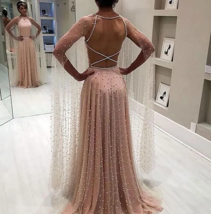 2019 Sale SuZhou Halter Bead Design Pearl Fabric Sexy Bare Back Evening Dress Nigerian Evening Dress