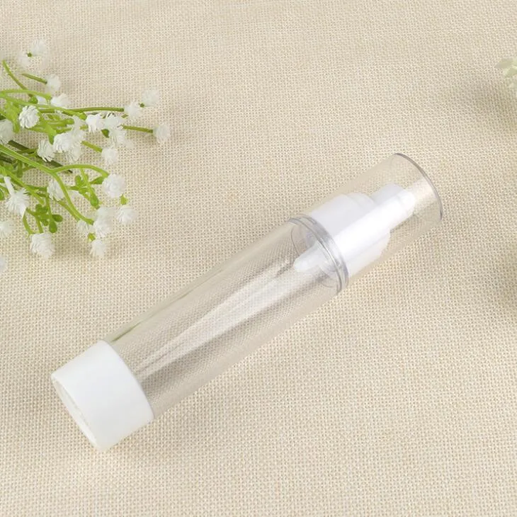 Leere 50 ml runde kosmetische Airless-Pumpflasche aus Kunststoff, weiße Lotionsflaschenverpackung mit weißen Airless-Pumpen und transparentem Körper LX1300