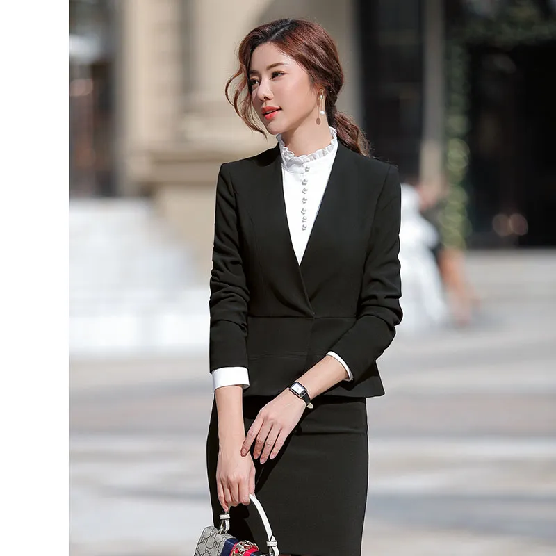 2019 Primavera Oto o Mujer Mujer Oficina Traje de trabajo de manga larga Blazer Elegante falda 2 unidades Traje Ropa de trabajo Mujer Uniforme