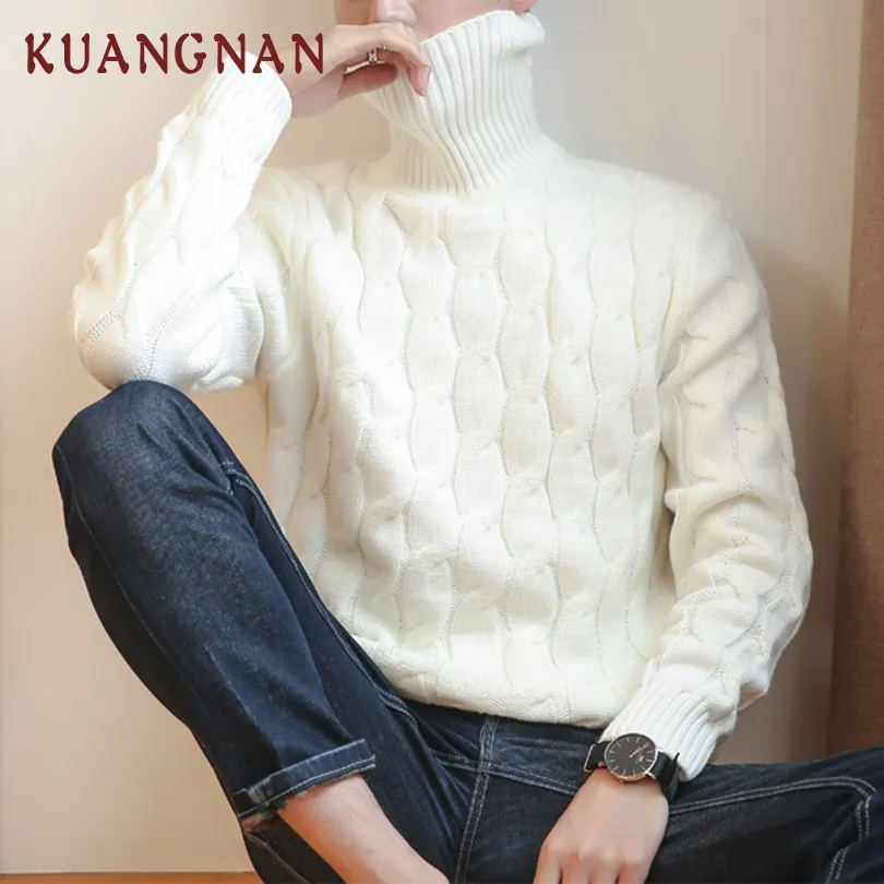 Kuangnan stickad turtleneck män tröja man solid hög krage vinter pullover män tröja sweater coat mens turtleneck tröja 2018 nya