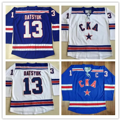 Pełna szyta 13 Pavel Datsyuk KHL Jersey CKA St Petersburg 17 Ilya Kovalchuk KHL męskie haftowane logo koszulki hokejowe biały niebieski