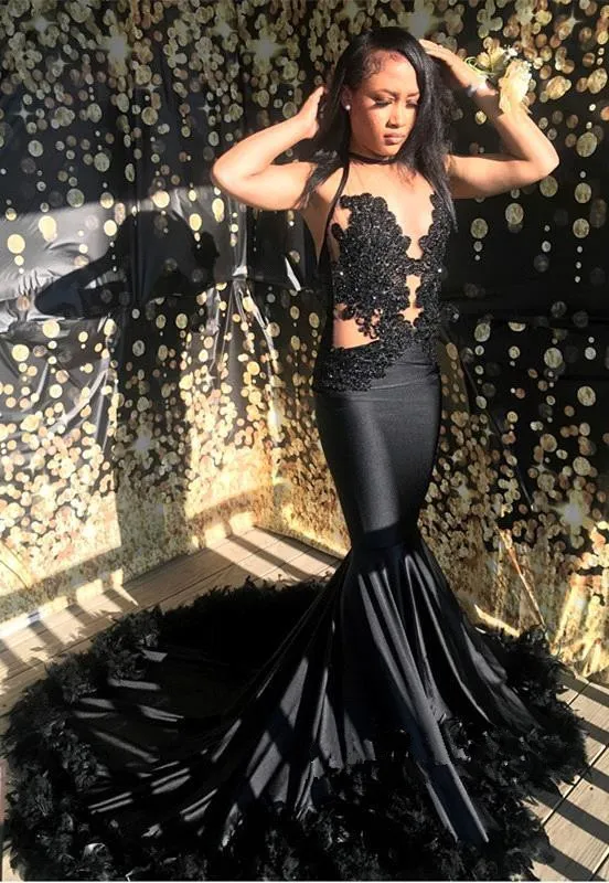 black mermaid prom dresses 2019 Long Sleeve Black Lace Mermaid Prom Dresses See Through Trumpet Formal Dress APD3366