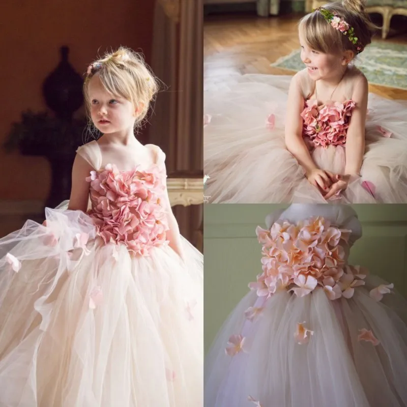 Księżniczka Bez Rękawów Kwiat Dziewczyny Sukienki Pierwsza Komunia Święta Sheer Koronki 3D Dziewczyny Korowód Suknie Długość Piętro