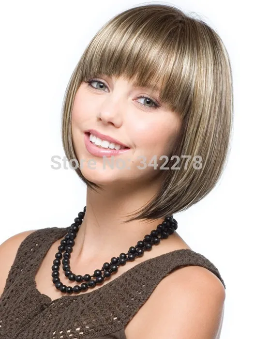 brun blond mis en évidence cheveux raides bob perruque avec frange soignée résistant à la chaleur fibre synthétique perruque capless mode perruque pour les femmes