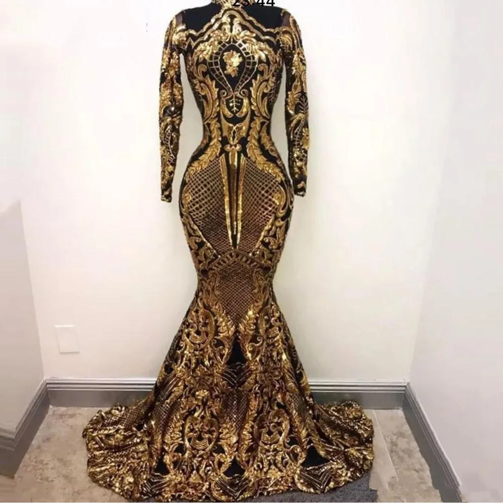 Yousef Aljasmi Or Arabe Robes De Soirée Musulman Manches Longues Sirène 2019 Paillettes Caftan Marocain Robe De Bal Formelle Robes De Soirée