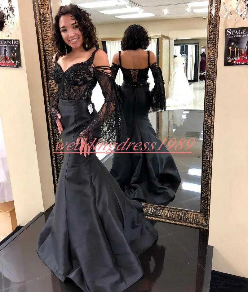 Sexy Lace Sheer Mermaid Prom Dresses Long Sleeve Corset Straps 2019 Juniors Evening Dress African Party Formal Gowns Robe De Soiree Cocktail