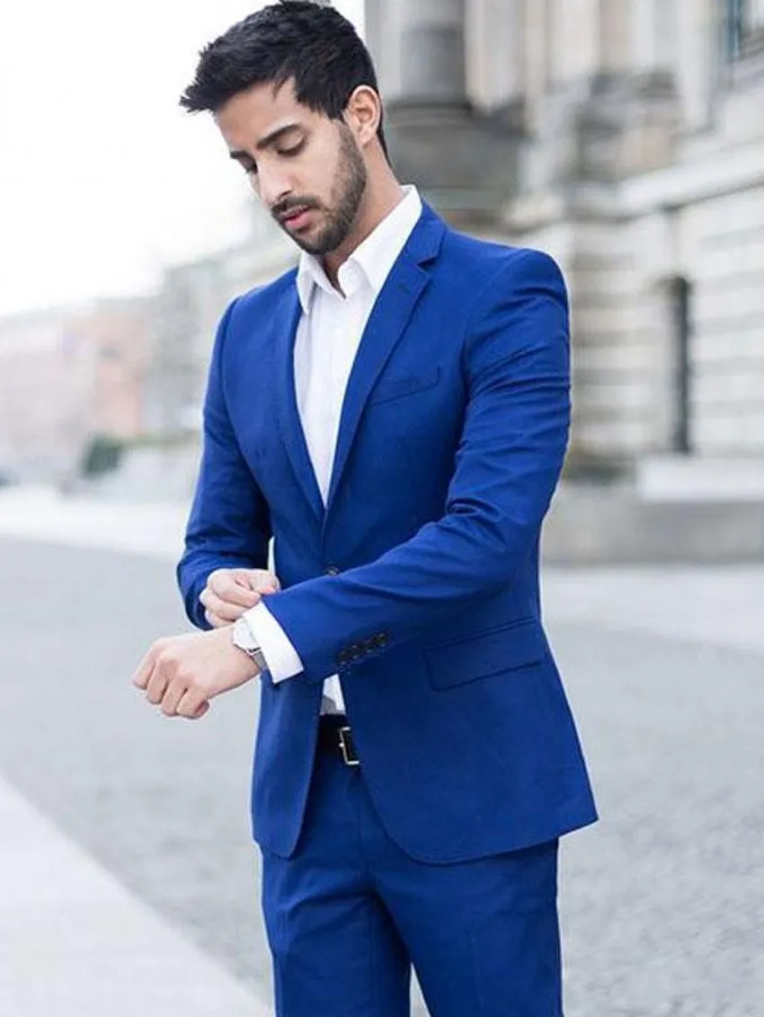 Красивый Royal Blue Groom Tuxedos Нотч Groomsmen Свадебные смокинги Популярные Мужчины Формальная Пром Куртка Blazer Костюм (куртка + брюки + Tie) 1237