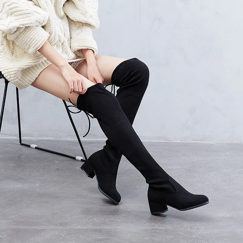 Vente chaude-Nouveau Faux Suede Slim Bottes Sexy Sur Le Genou Haute Femmes Mode Tendance Hiver Cuissardes Chaussures HF004