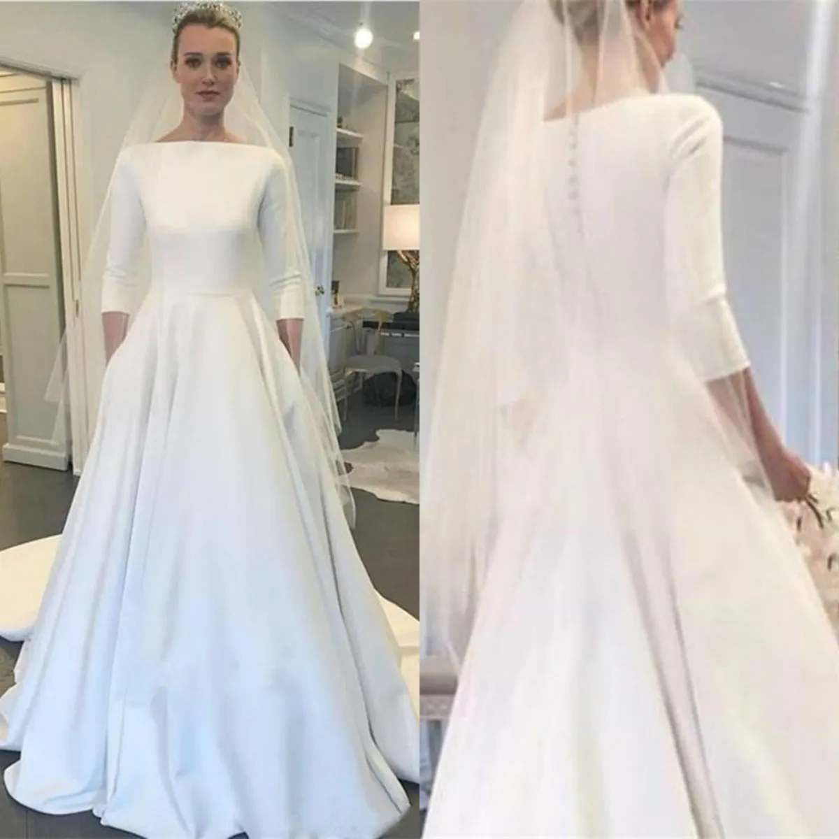 2020 Czeski Suknie Ślubne Długie Rękawy Meghan Markle Style Suknie Ślubne Przycisk Wstecz Zaterem Sweep Trian Plus Rozmiar Suknia ślubna A-Line