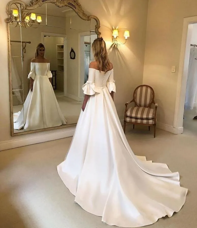2024 Simple A Line Satin Wedding Dresses Off Shoulder Half Sleeves Backless Plus Size Bridal Gowns with Pockets