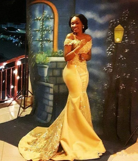 2020 New African Yellow Mermaid Prom Dresses Off Shoulder Satin Lace Appliques Crystal Beaded Sexy Arabic Long Party Evening Gowns Wear