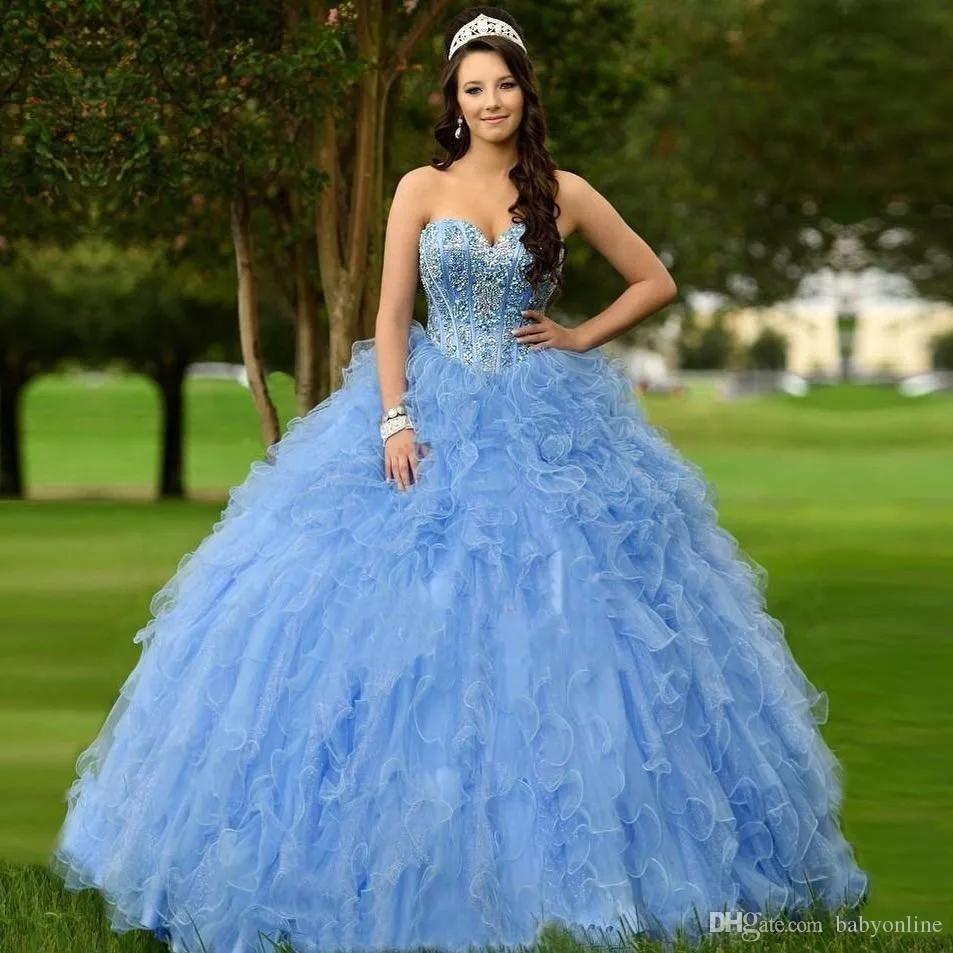 Lüks Ligth Gökyüzü Mavi Balo Quinceanera Elbiseler Boncuk Kristaller Tatlı 15 Vestidos De Festa Abiye giyim Vestidos de Quinceanera