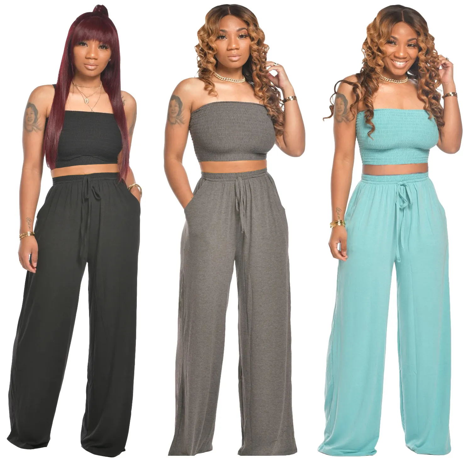 Womens Sexy Solid Color Strapless Crop Tops And Loose Wide Leg Pants Two  Piece Sets 2020 Summer New Arrivals Fitness Holiday From Laura12, $15.83