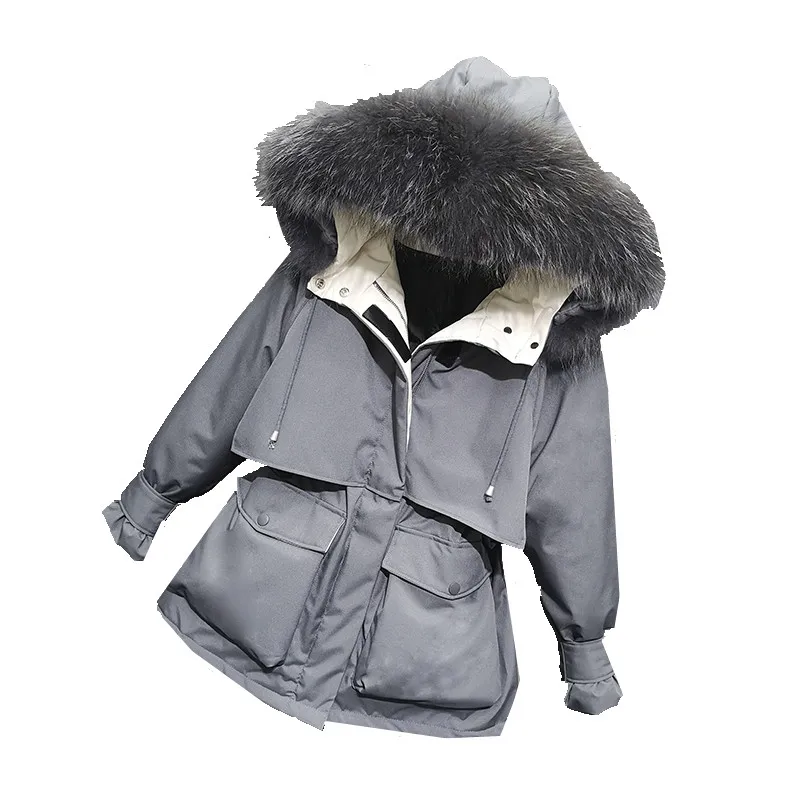 Jujuge 대형 모피 칼라 후드 겨울 자켓 여성 면화 아래로 자켓 두꺼운 파카 따뜻한 겨울 코트 플러스 사이즈 여성 겉옷