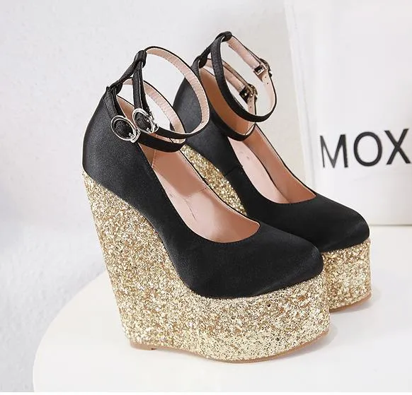 16cm Super High Platform Wedge Gold Sequined Black Satin Prom Schoenen Maat 34 To 40 Komt met Doos