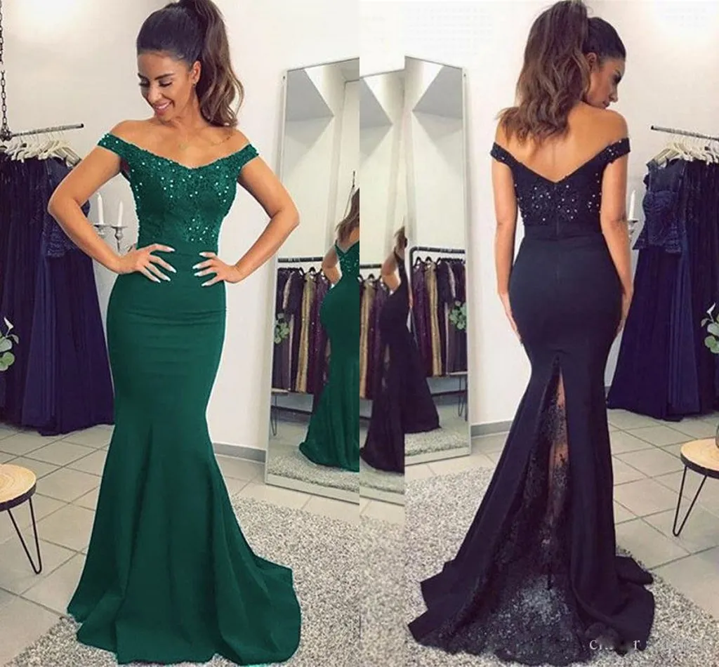 2022 Hot Navy Emerald Bröllopsklänningar För Gäster Brudtärnklänning Pärlstav Spets Off Shoulder Sjöjungfru Afton Balklänning Maid Of Honor klänningar