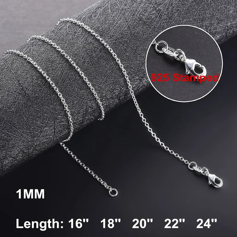 1mm 925 Sterling Silver Link Chains Necklaces for Women Pendant Lobster Clasps Rolo Chain Fashion DIY Jewelry Accessories 16 18 20 22 24inch
