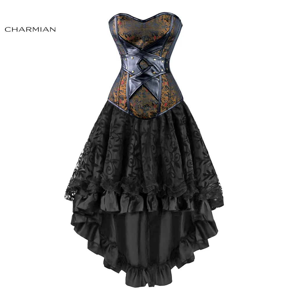 Charmian Women's Sexy Gothic Victorian Steampunk Corset Dress Läder Överbust Korsetter och Bustiers Kjol Party Midja Trainer J190701