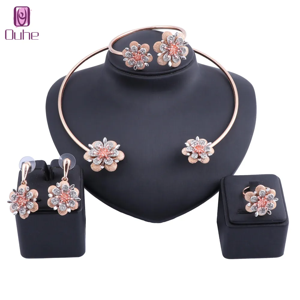 Exquisite Dubai Gold Color Crystal Flower Necklace Jewelry Set Nigerian Wedding Woman Accessories African  Jewelry Set