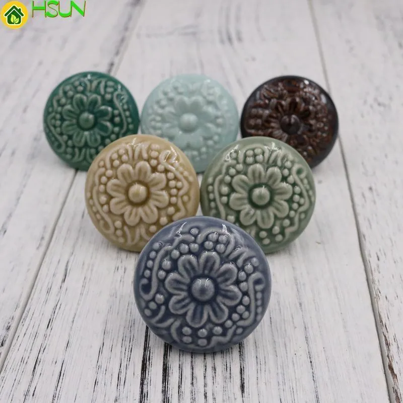 2pcs New Colorful Ceramic Cameo Bas-relief Cabinet Drawer Knob Kitchen Cupboard Door Handle Pull Dia 44mm