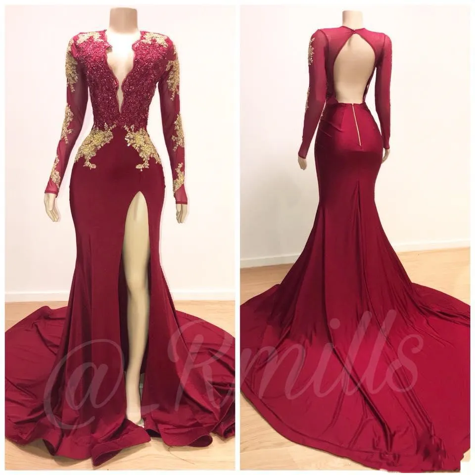 Dark Red Sexy Mermaid Prom Dresses 2019 V Neck Long Sleeve Sequined Beaded Special Occasion Formal Evening Gowns Cocktail Party Ball Dress