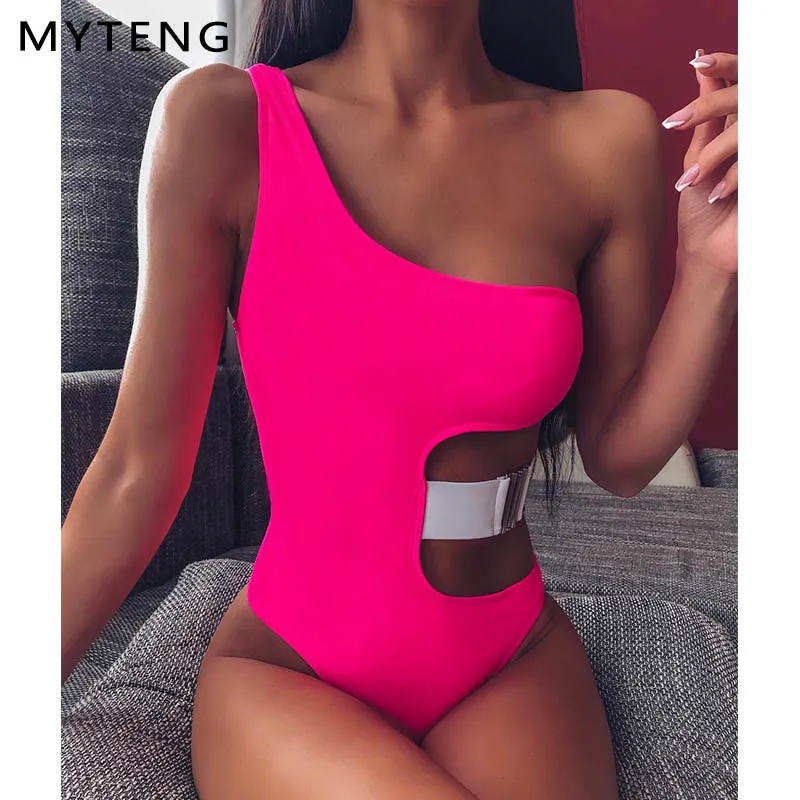 Sexy Neon Pink One Piece Купальник Bikini 2020 Муджер Пустые Out Купальники Женские Одно плечо Монокини Купальный костюм Женщины Bodysuit Y200613