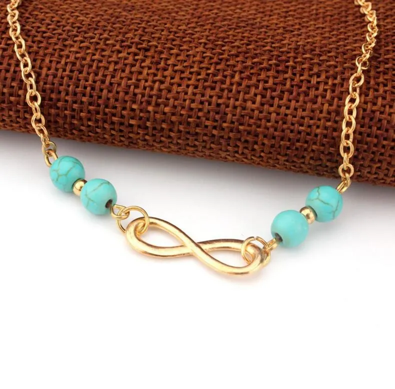 Sexy Women Infinity Anklet Bracelet Gold Tone Bohemian Turquoise Beads Beach Anklets Turquoise Foot Chain 