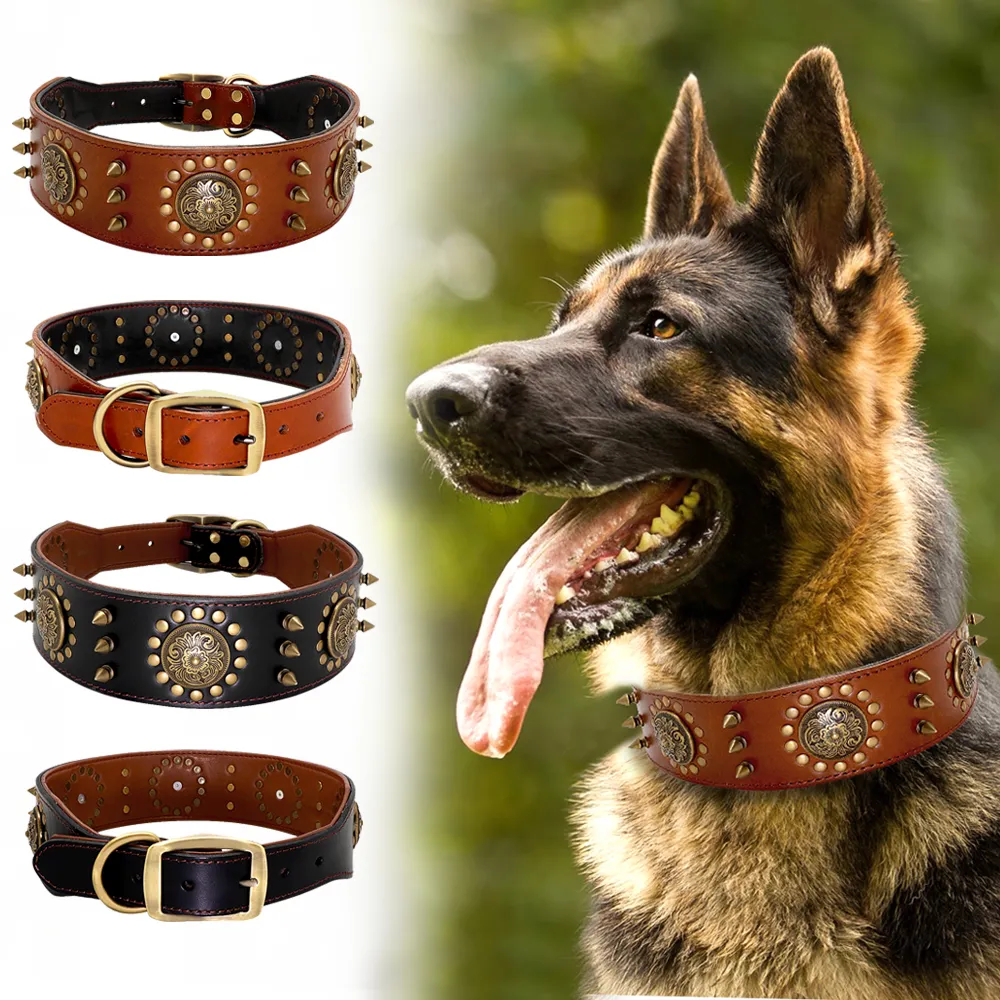 Slitstark läderhundkrage Cool Spiked studded Pet Dogs Collars Justerbar för medelstora stora hundar Pitbull K9 L XL Y200515