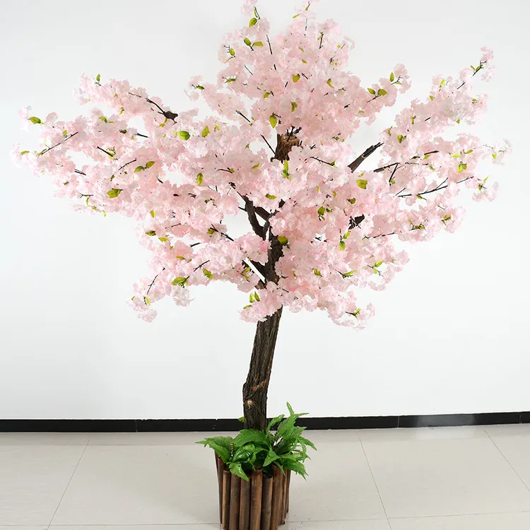 Flor artificial de la boda Rama de flor de cerezo 110 cm Decoración de la boda Flor falsa Sakura 4 Tenedor con hojas verdes Decoración del mercado del hogar