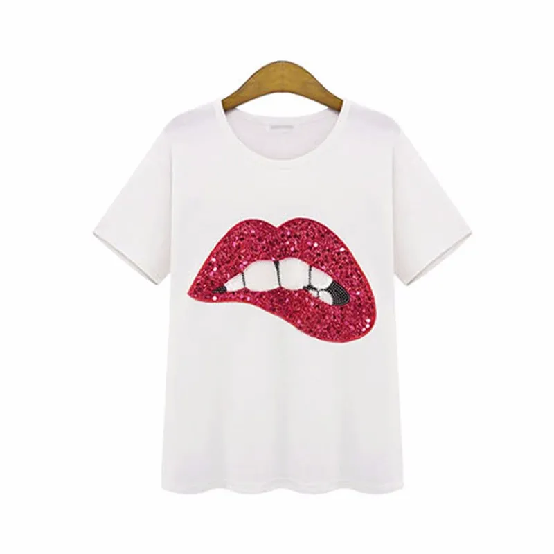 Fashion-Wholesale-Summer Tops Red Green Kiss Tooth Lip Tees Women Girl T Shirt Sequin Lips Designs Tshirt Woman Clothes fashion femininas