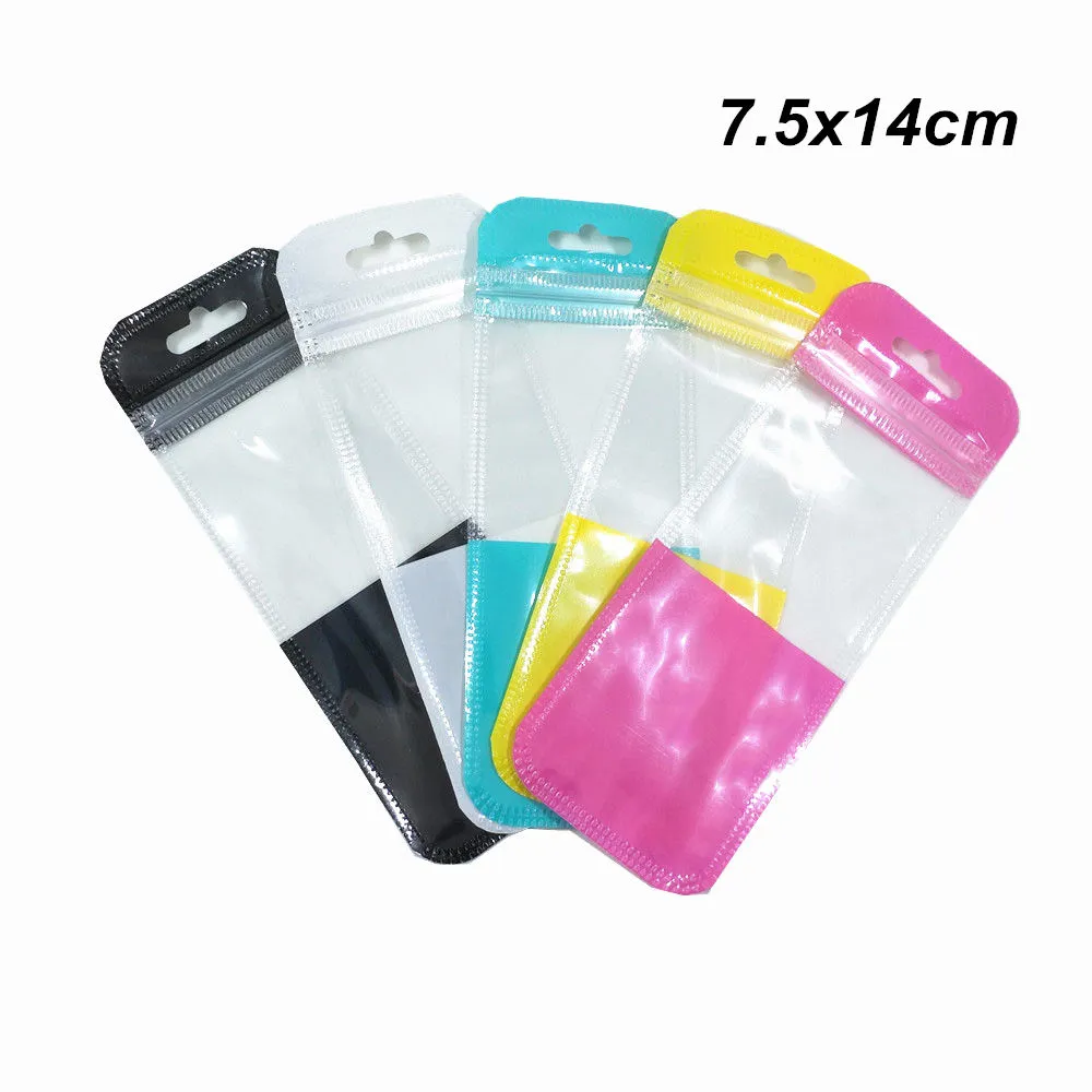 100Pcs 7.5x14cm Clear Colorful Plastic Zipper Packaging Bag with Hang Hole Crafts Office Supply Self Seal Pouch Data Line Pack Bag