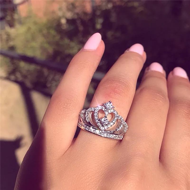 Charme coroa jóias 100% soild 925 anel de prata esterlina diamante cz stone engagement anéis de banda de casamento para as mulheres homens presente