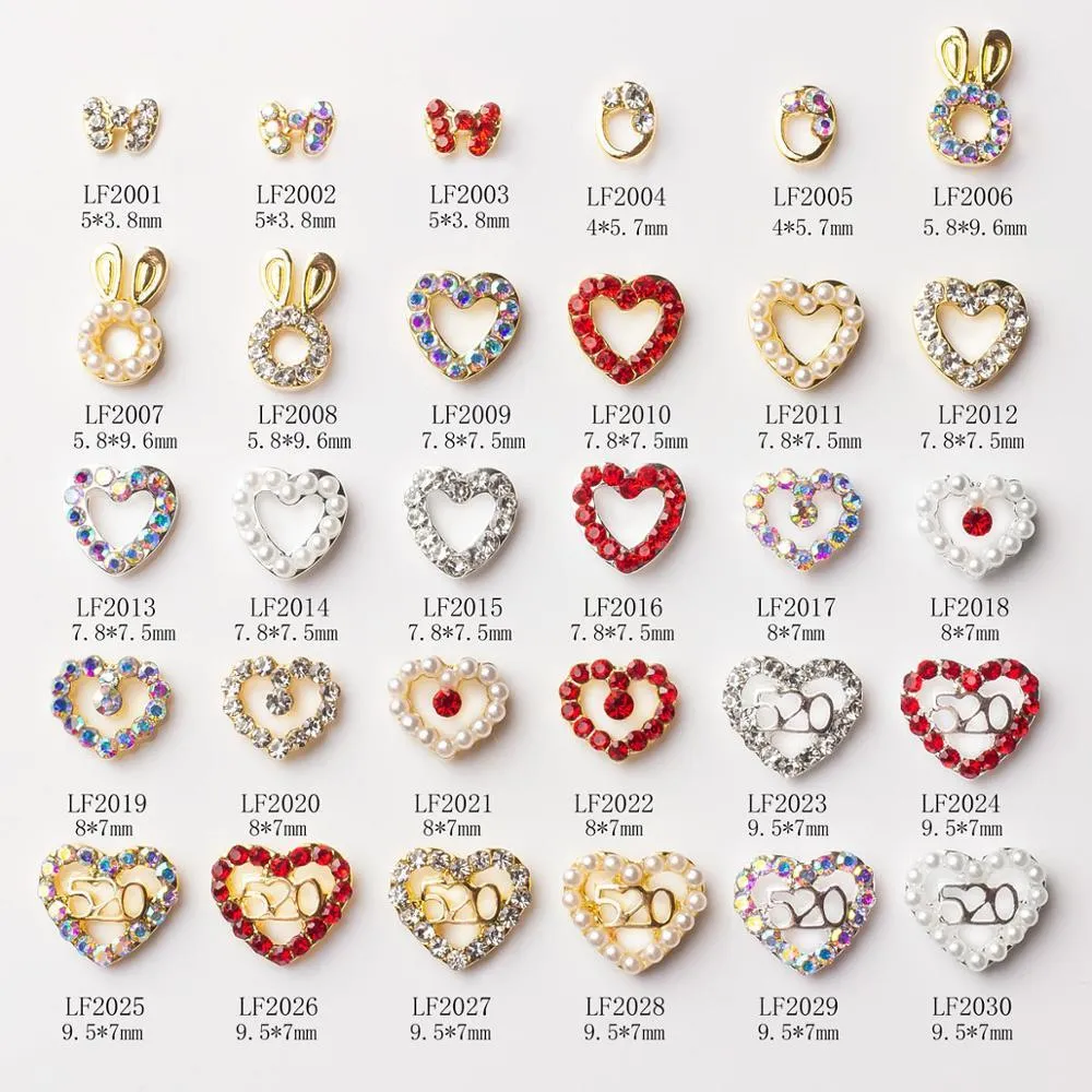 10 pçs Dia dos Namorados Liga 3D Coração Amor Arte para Unhas Decorações Suprimentos Strass Pérola Metal Unhas Acessórios Jóias Encantos