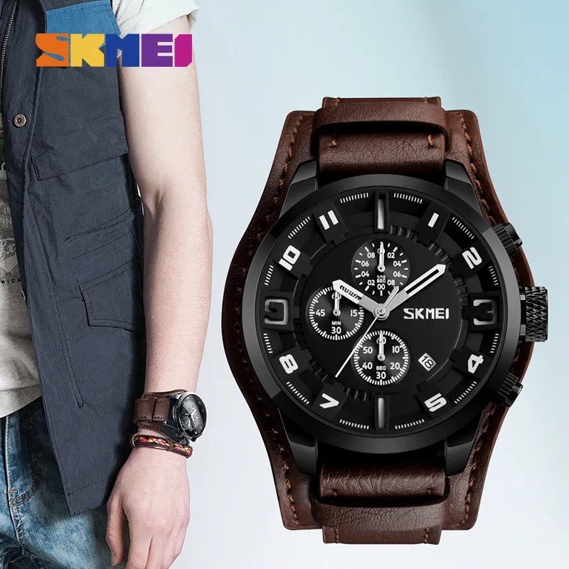 SKMEI New Fashion Sport Quartz Watches Men Luxury Business Leather Watch Waterproof Wristwatches Male Clock Relogio Masculino268K