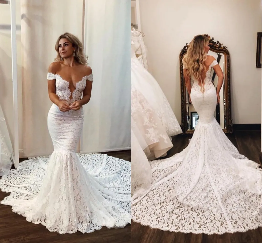 2019 Berta Kapelle Meerjungfrau Brautkleider Schulterfrei Spitze Bottons Sweep Zug Plus Size Strand Boho Chic Brautkleider Vestido De Novia