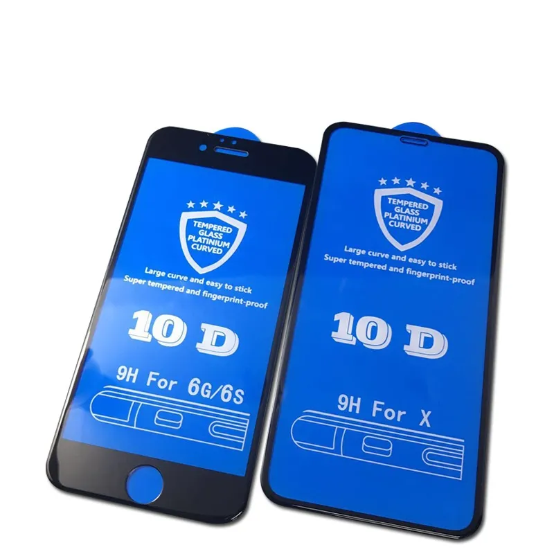 10D Stor kurvdropp Lim Temperat glas Skärmskydd Fullt lim för iPhone 12 11 Pro Max XR XS Max 6 7 8 Plus 200PCs Ingen detaljhandel P