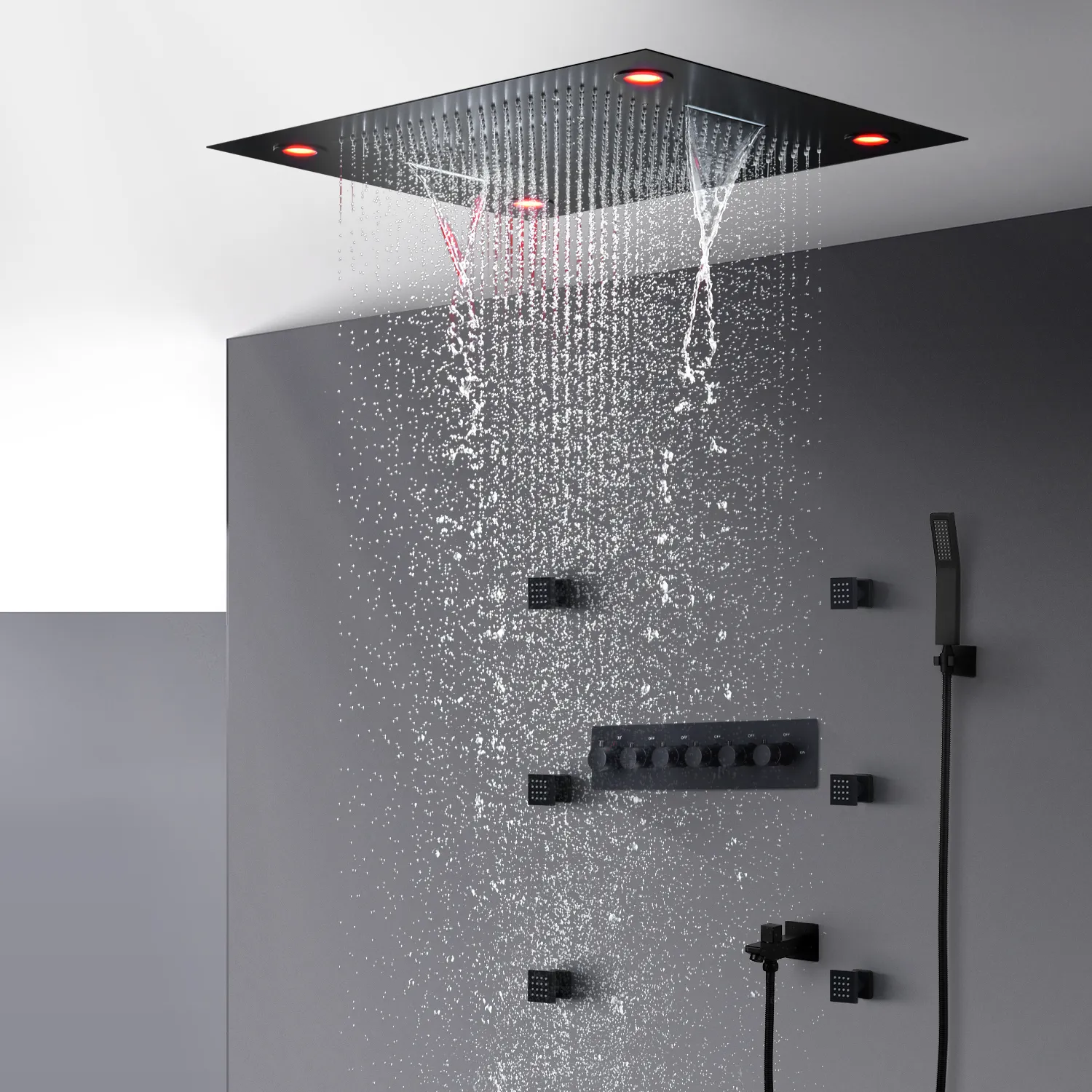 Banyo Siyah Duş Bataryası Seti Termostatik Duş Banyo Mikser Vana Lüks Tavan LED Büyük Yağmur Şelale Duş Başlığı Sistemi 600 * 800mm