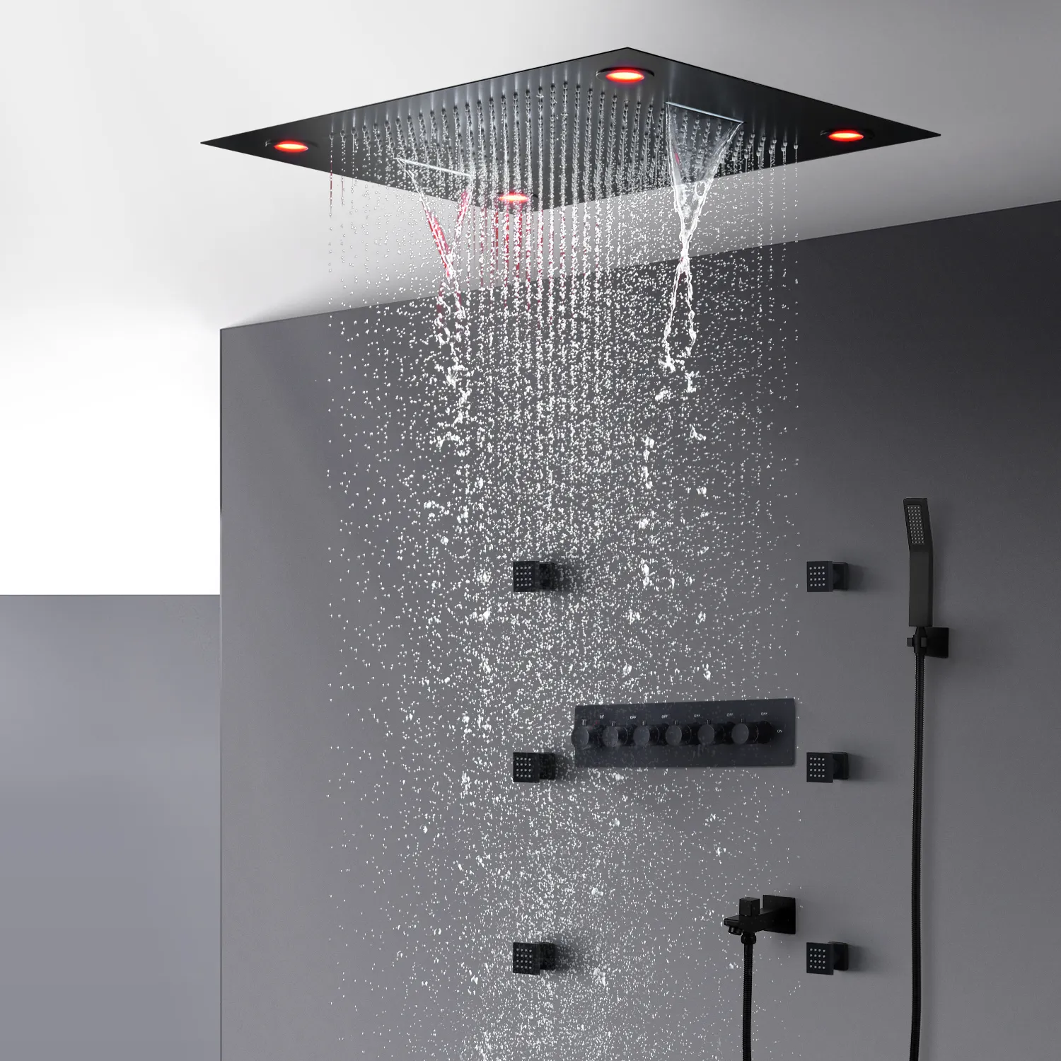 Badezimmer Schwarz Duscharmatur Set Thermostat Dusche Bad Mischventil Luxus Decke LED Großer Regen Wasserfall Duschkopf System 600*800MM