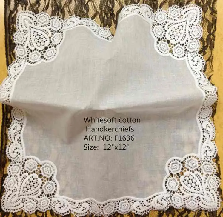 Lot de 2 mouchoirs pour dames à la mode en coton blanc mouchoir de mariée vintage en dentelle brodée Hankie Hanky 12 x 12 pouces