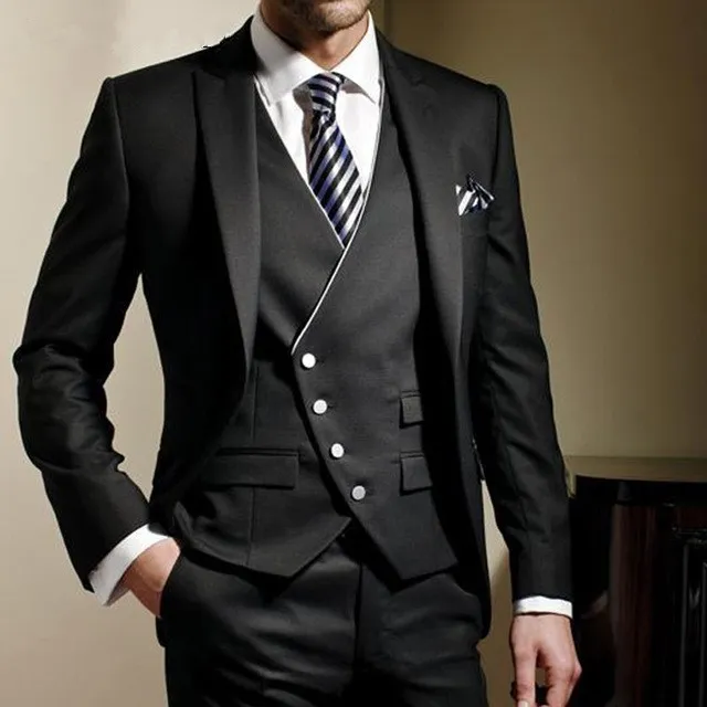 Hot Sale One Button Black Bruidegom Tuxedos Peak Revers Mannen Bruiloft GroomsMen 3 Stuks Suits (jas + Broek + Vest + Tie) K263