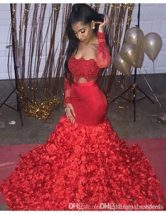 Red Prom Dresses Due Aso Ebi Stile pezzo 3D Rosa fiori per il partito di donne di usura Backless Dubai manica lunga sera convenzionale Gowns