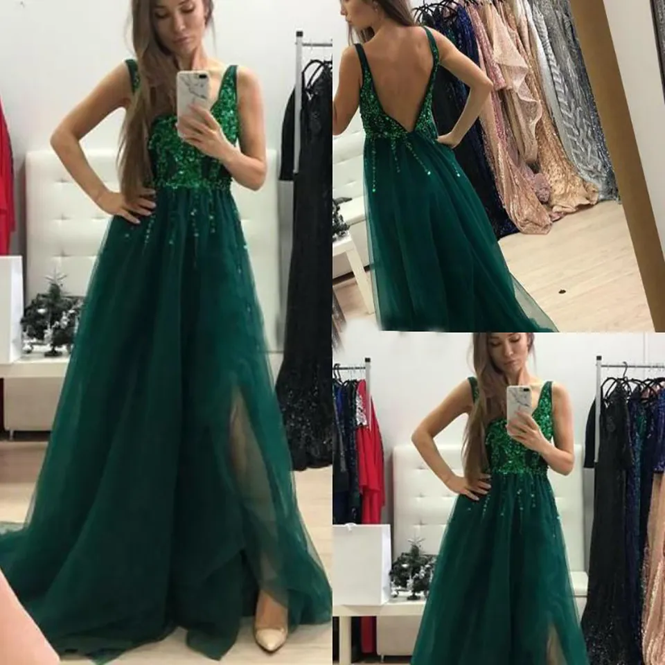 Emerald Green Bright Cekiny Prom Dresses Sexy V Neck Pełna Długość Tulle Moss Urodziny Formalne Wieczorowe Party Suknie Niski Backless Glitter ED1339