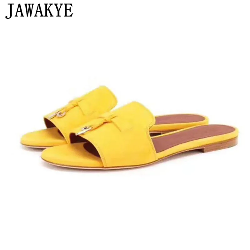 Wiosna Lato Okrągły Kidsede Płaskie Kapcie Cukierki Kolor Tassel Metal Lock Decor Mules Flipflops Beach Buty Kobiet 2020 Sandały