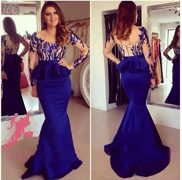 Sexy Royal Blue Evening Dresses Sheer Neck Long Formal Prom Gowns 2017 Occasion Dresses Mermaid Jewel Long Sleeve Peplum Party Celebrity 425