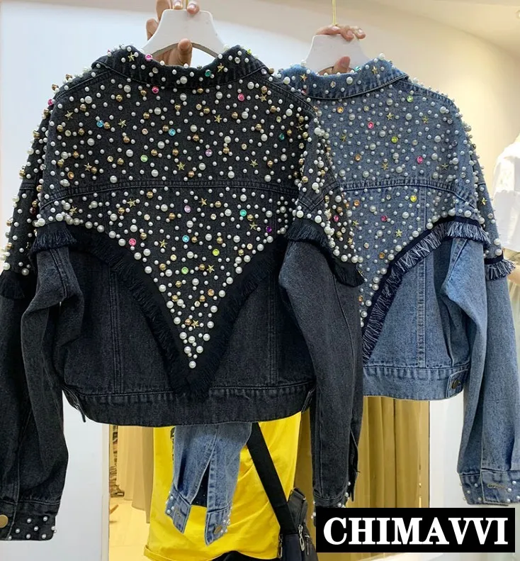 Jesień Nowa Moda Ciężki Koraliki Pranie Dżinsowa Kurtka Płaszcz Kobiety Luźne Krótkie Kowbojskie Płaszcze Studded Jeans Kurtki Znosić