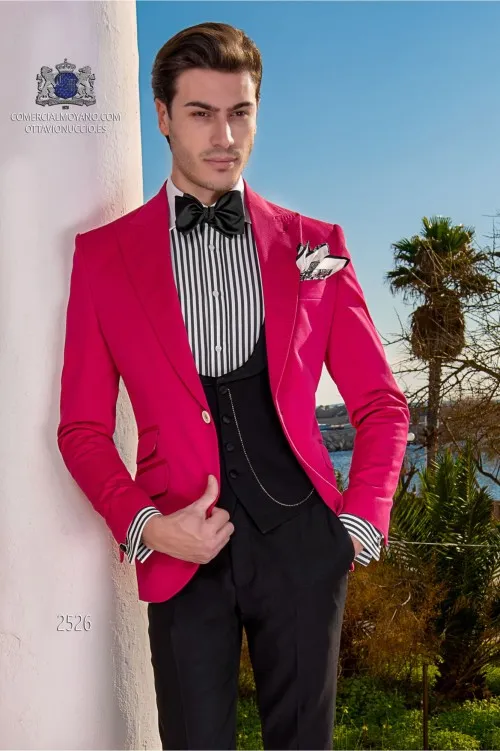Hot Pink Groom Tuxedos Peak Lapel Groomsman Wedding Tuxedos Fashion Men Formal Business Prom Dinner 3 Piece Suit(Jacket+Pants+Tie+Vest) 30