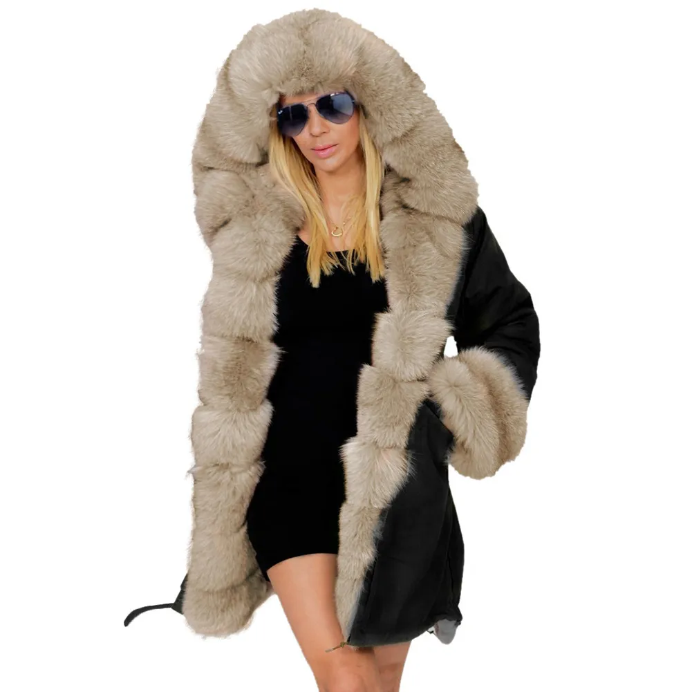 Moda feminina engrossar quente luxo inverno casaco de pele do falso capuz parka casaco superior longo jaqueta outwear