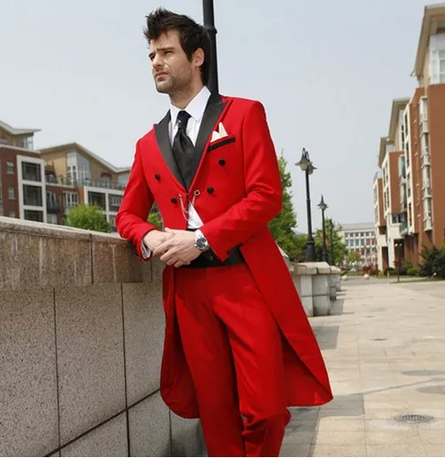 Excellent Red Tailcoat For Groom Coat With Trousers Man Party Dress Blazer Office Business Suits (Jacket+Pants+Tie+Girdle) J895